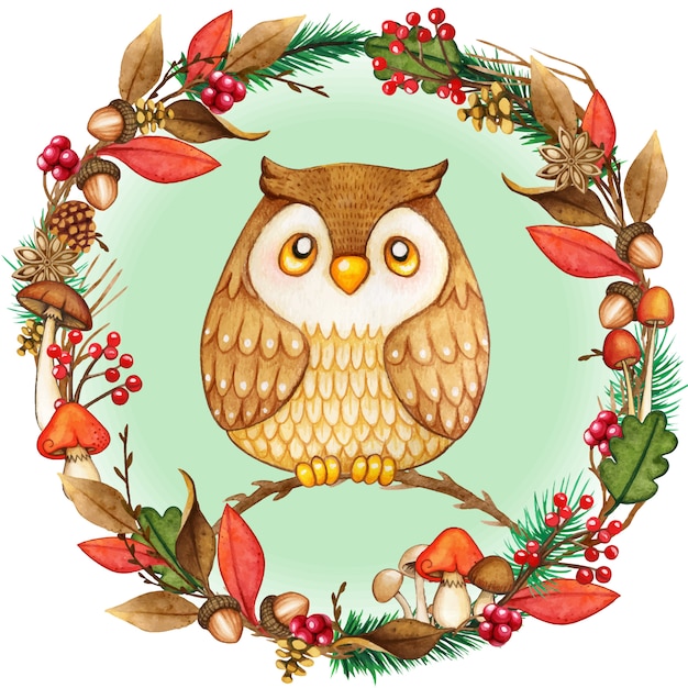 Cute cartoon owl in an autumn foliage wreath