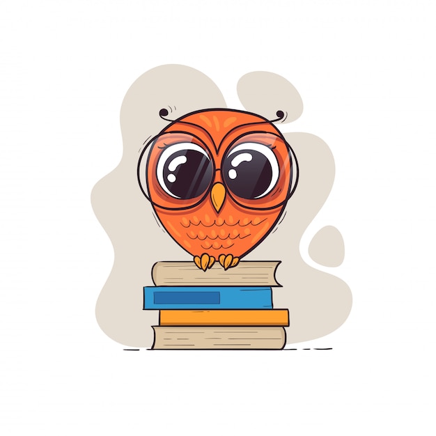 Vector cute cartoon owl in glasses with books.
