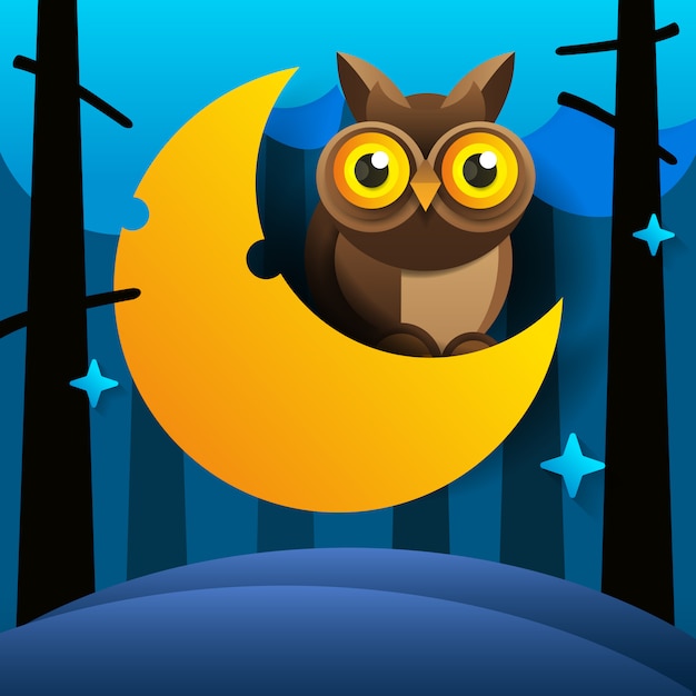 Cute cartoon owl sits on the slumbering crescent moon in the night sky with stars