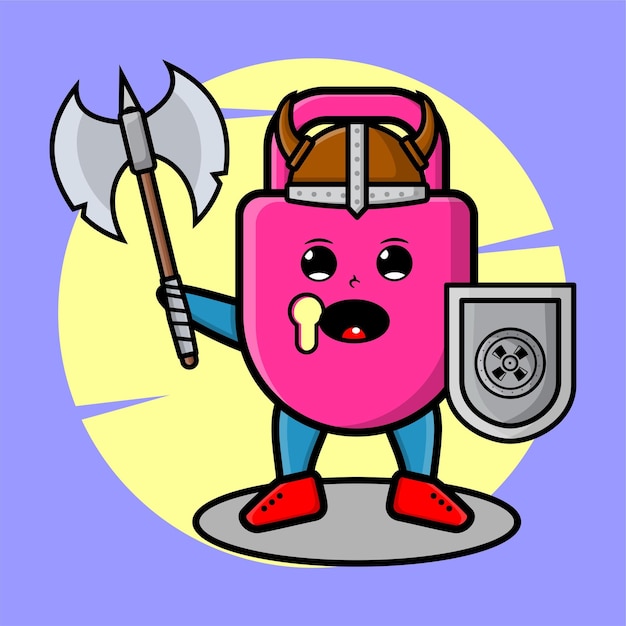 Cute cartoon Padlock viking pirate character cartoon with hat and holding ax and shield