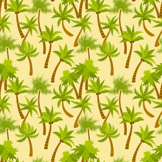 Cute cartoon palm oasis seamless pattern. Tropic nature background. Exotic trees in flat style.