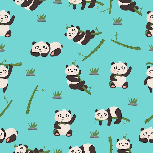 Cute cartoon panda bear seamless pattern animals background with bamboo