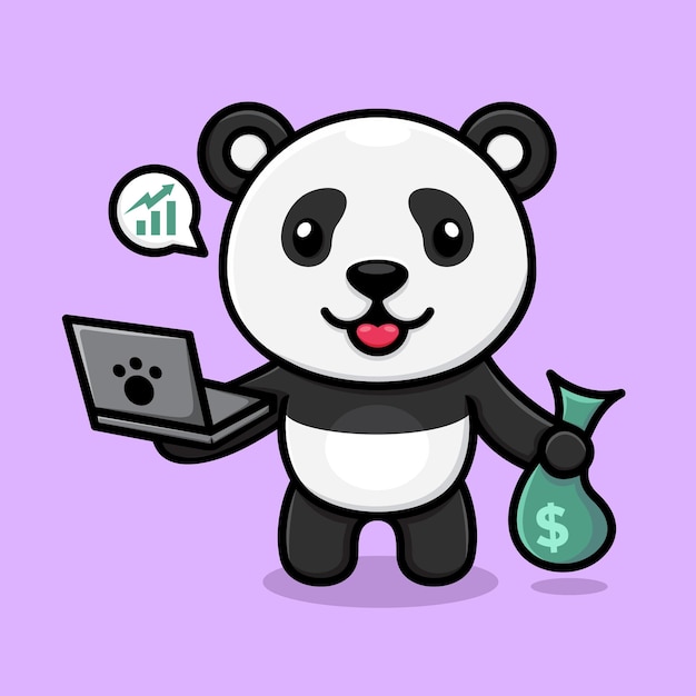 Cute cartoon panda carrying a laptop and a bag of money