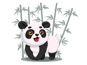 A playful panda, happily munching on bamboo, in a cute and cheerful art  style, with a moderate level of detail. sticker, joyful, vibrant colors,  cartoonish style, vector, contour, white background