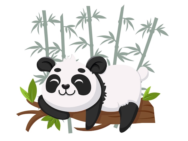 Cute cartoon panda characters on the bamboo background children illustration in vector flat style