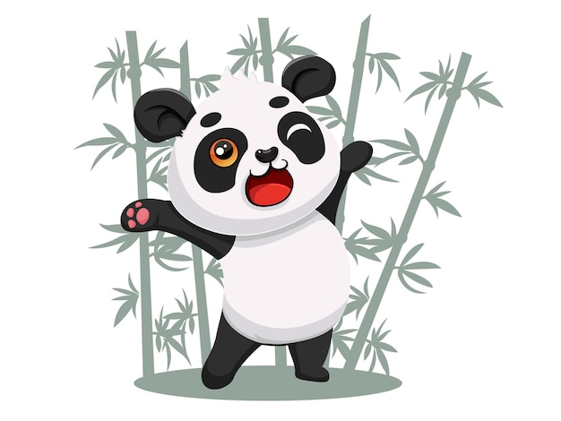 Simpatici personaggi panda cartoni animati sullo sfondo di bambù illustrazione per bambini in stile piatto vettoriale