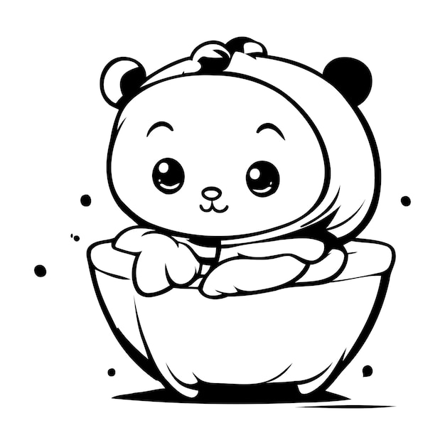 Cute cartoon panda in a pot Black and white vector illustration