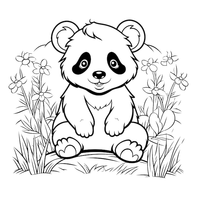 Vector cute cartoon panda sitting on the grass coloring book for children