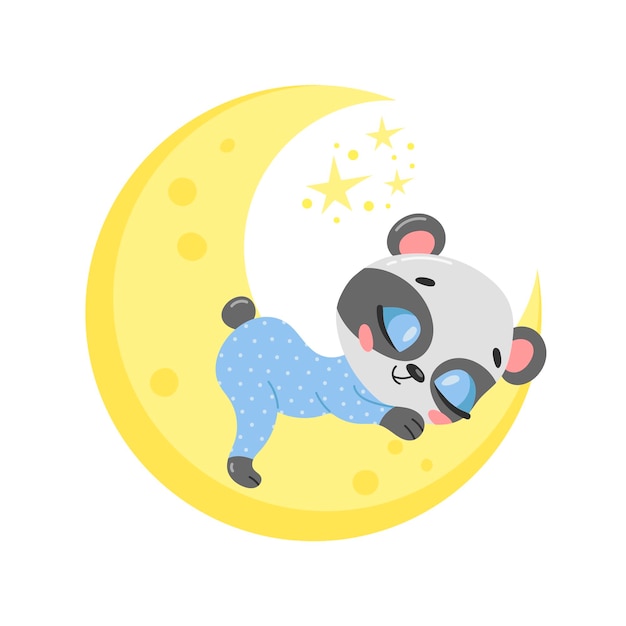 Panda simpatico cartone animato che dorme sulla luna.