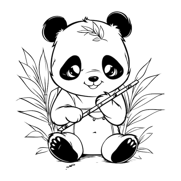 Vettore panda simpatico cartone animato con bambù illustrazione vettoriale in bianco e nero