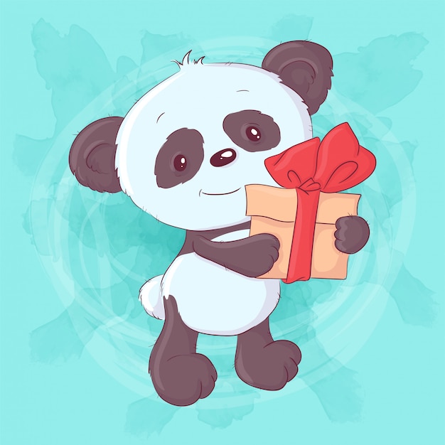 Vector cute cartoon panda with a gift and bow. hand drawing