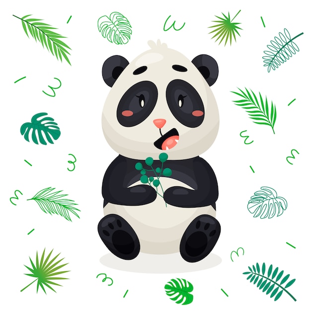 Милый мультфильм панда с тропическими листьями.