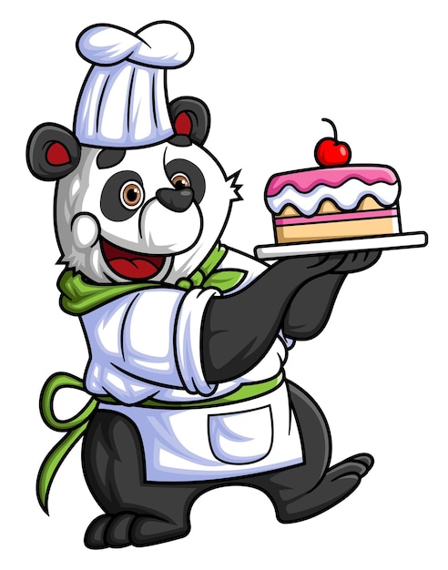 Vector a cute cartoon panda working as a professional chef carrying a birthday cake