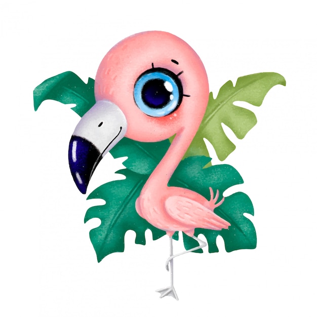 Cute cartoon pastel little flamingo stands on one leg with tropical leaves in the background isolated on white background