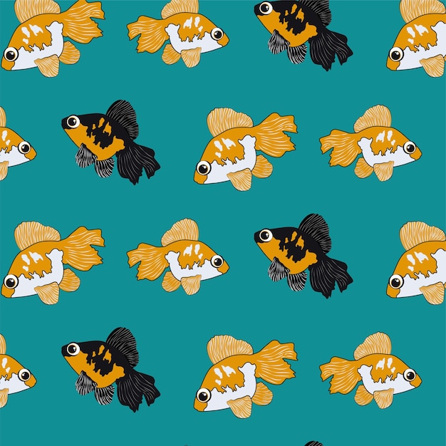 Cute cartoon pattern with bright telescope fish. Aquarium fish pattern.