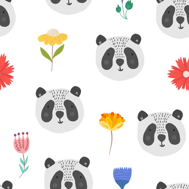 Simpatico motivo a cartoni animati con teste di panda e fiori