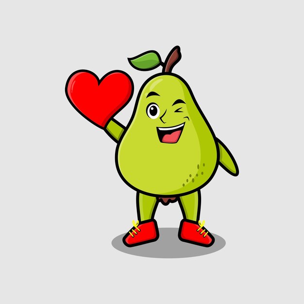 Cute cartoon pear fruit character holding big red heart in modern style design