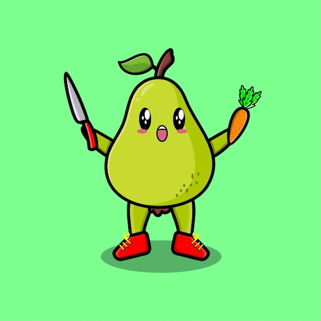 Cute cartoon pear fruit character holding knife and carrot in modern style design