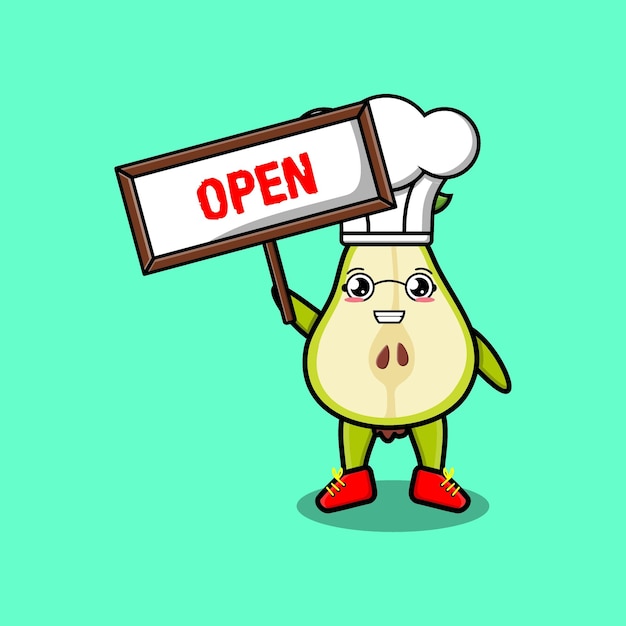 Cute cartoon pear fruit character holding open sign designs in concept 3d cartoon style