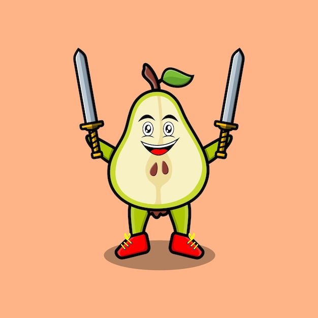 Cute cartoon Pear fruit character holding two sword in 3d modern design