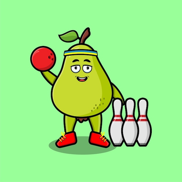 Cute cartoon pear fruit character playing bowling in 3d modern style design