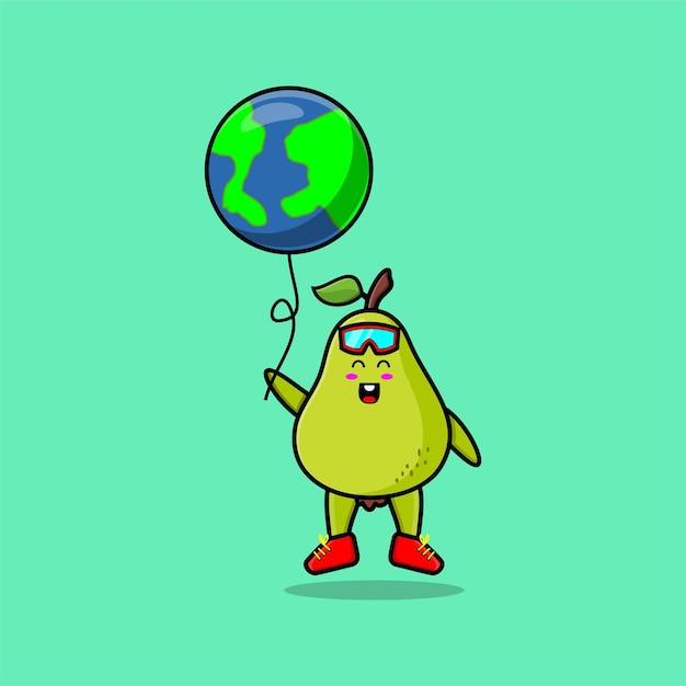 Cute cartoon pear fruit floating with earth balloon cartoon vector illustration