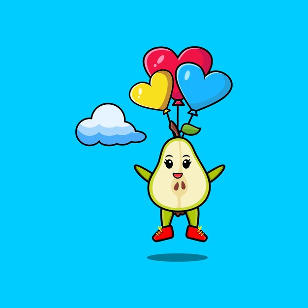 Cute cartoon Pear fruit mascot is skydiving with balloon and happy gesture