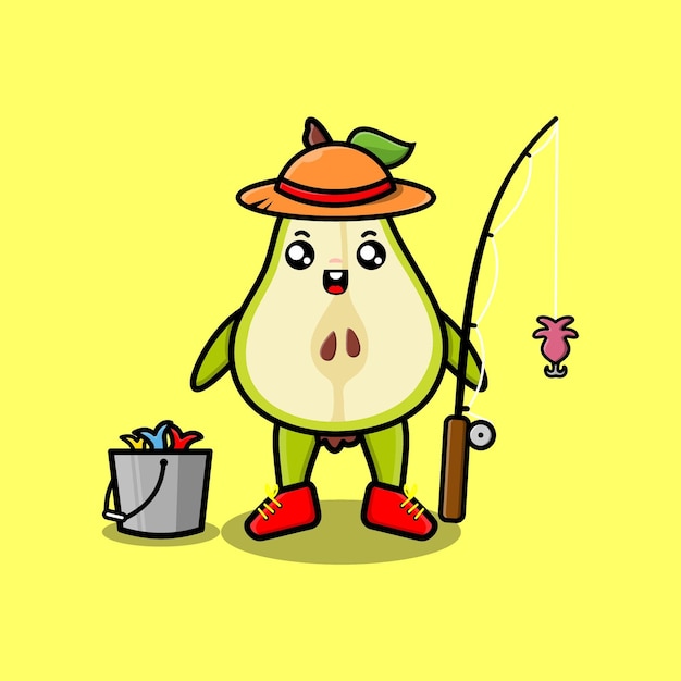 Cute cartoon pear fruit ready fishing wearing fishing equipment cartoon character