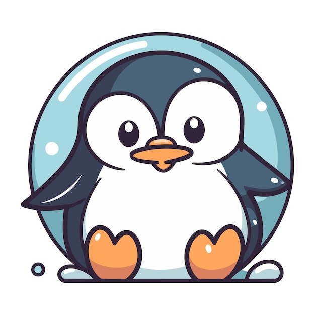 Cute cartoon penguin in a blue circle vector illustration