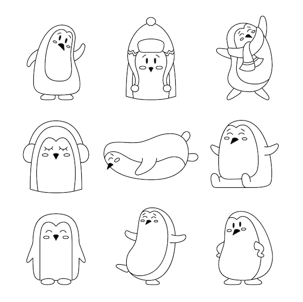 Vector cute cartoon penguin characters coloring page winter animals antarctic bird vector drawing