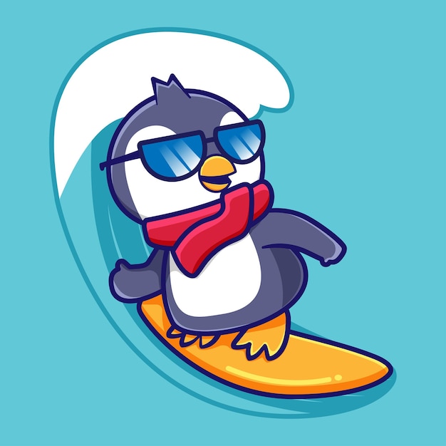 波でサーフィンするかわいい漫画のペンギンのデザイン
