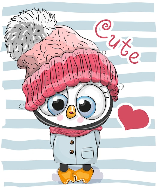 Cute cartoon penguin girl in a hat