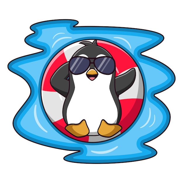 Cute cartoon penguin relaxing on the inflatable ring