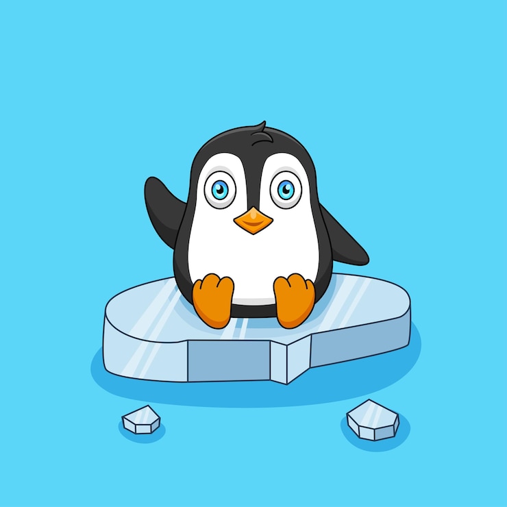 Vector cute cartoon penguin sitting on a floating ice floe animal vector illustration