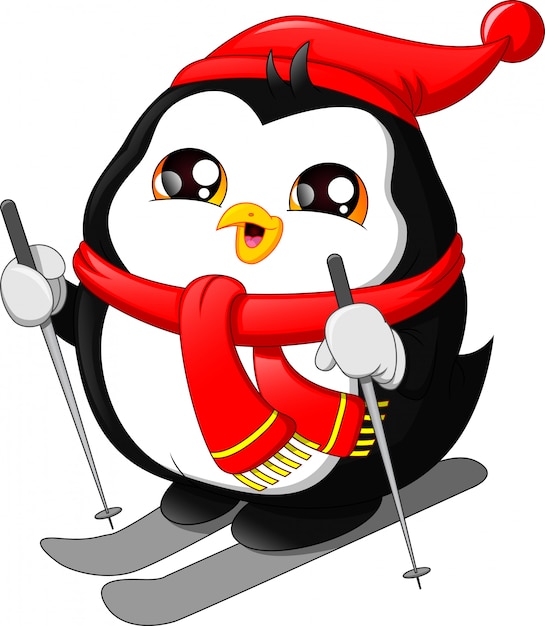 Simpatico cartone animato pinguino sci sulla neve