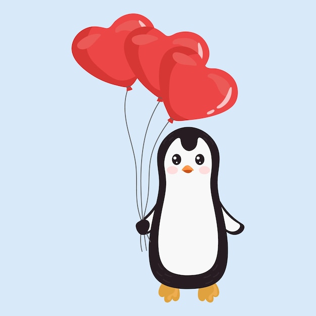 Cute cartoon penguin with balloons Happy Valentine's day greeting card Illustration for posters greeting cards and seasonal design