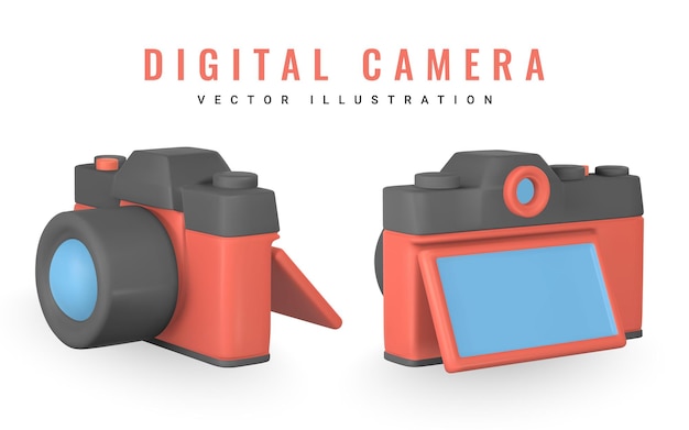 Vector cute cartoon photo camera realistic 3d camera summertime object vector illustration