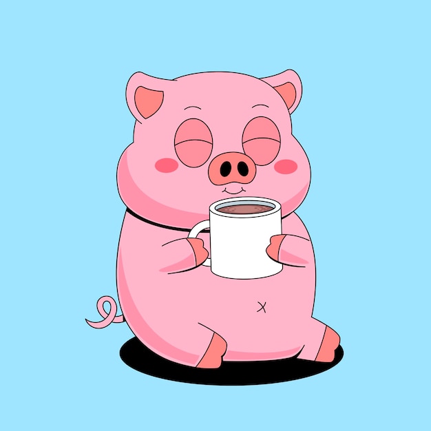 a cute cartoon pig enjoying a warm mug of coffee