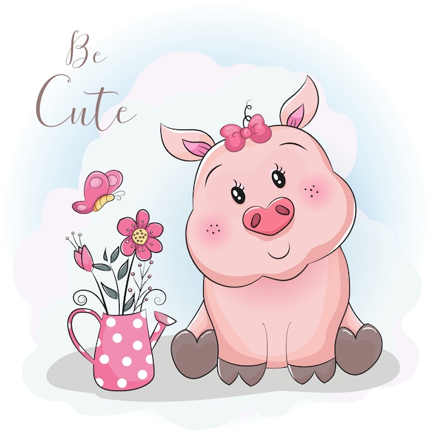 Vector cute cartoon pig and flower with sky background