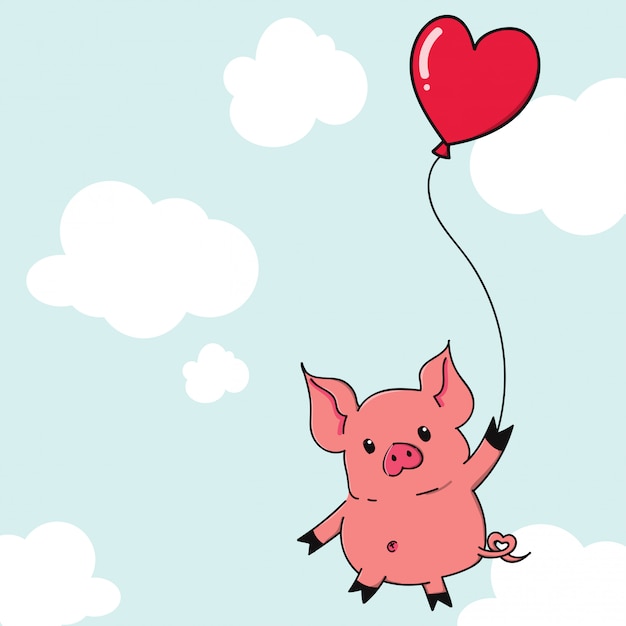 Cute cartoon pig hanging with heart shape balloon.