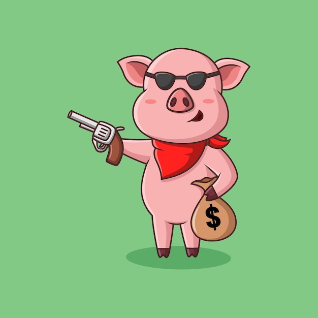 Cute cartoon pig mafia brings money vector illustration