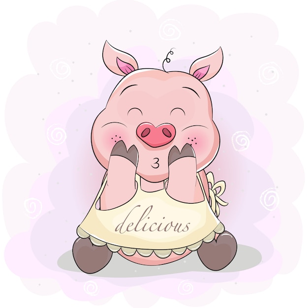 앞치마와 귀여운 만화 돼지