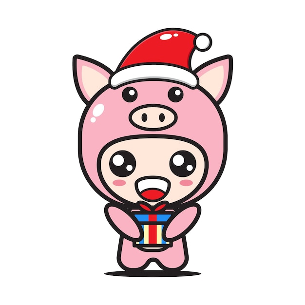 Cute cartoon pig with christmas gift