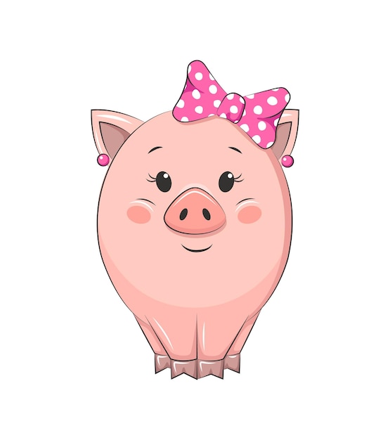 Cute cartoon piggy girl with a bow. isolated on white background.