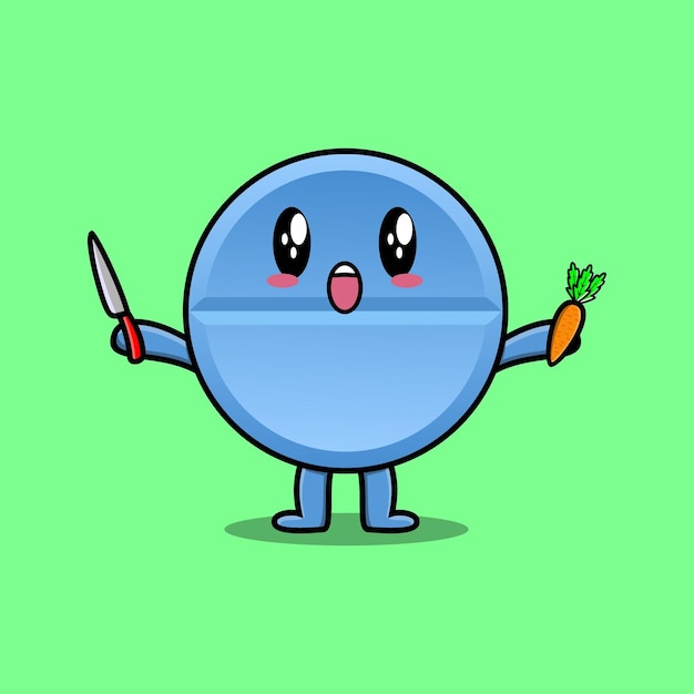 Cute cartoon pill medicine character holding knife and carrot in modern style design