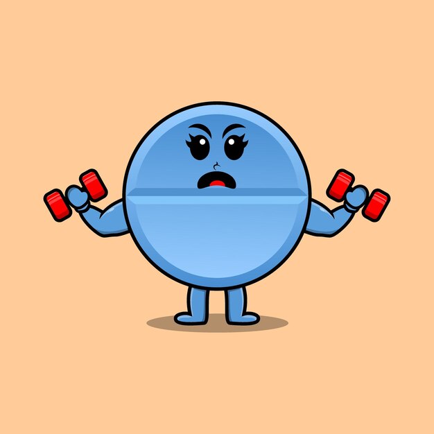 Vector cute cartoon pill medicine character is fitness with barbell in modern style design