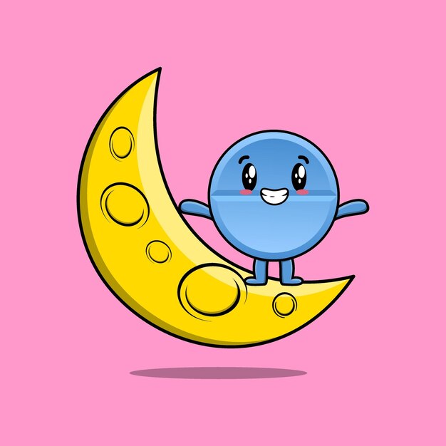 Cute cartoon pill medicine character standing on the crescent moon in flat modern design