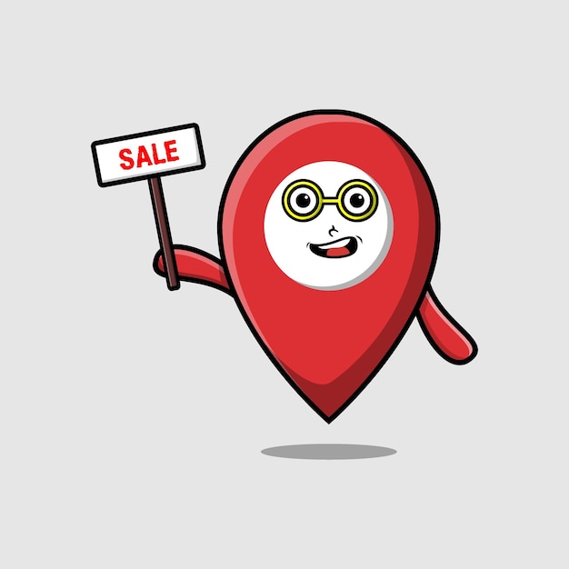 Cute cartoon pin location character holding sale sign designs in concept 3d cartoon style