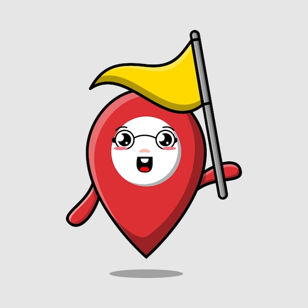 Cute cartoon Pin location character holding triangle flag in 3d modern design