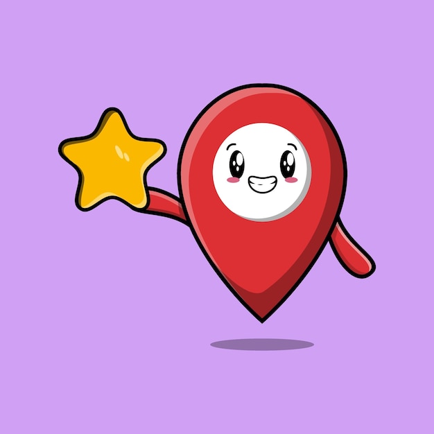 Vector cute cartoon pin location holding big golden star